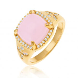 Bague en argent doré, oxydes de zirconium et verre rose