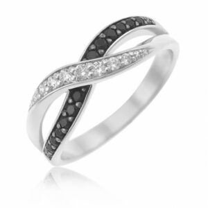 Bague en argent rhodié et rhodié noir, oxydes de zirconium noirs et blancs