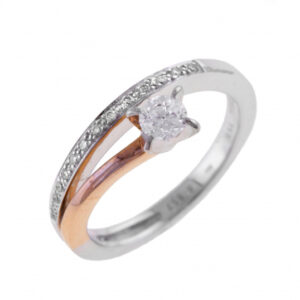 Bague solitaire accompagnée en or rose et or gris, diamants