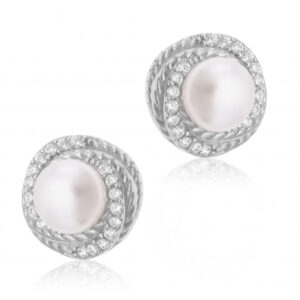 Boucles d'oreilles en argent rhodié, oxydes de zirconium et perle synthétique