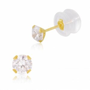 Boucles d'oreilles en or jaune et oxyde de zirconium 4 mm, poussette silicone