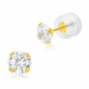 Boucles d'oreilles en or jaune et oxyde de zirconium 5 mm, poussette silicone