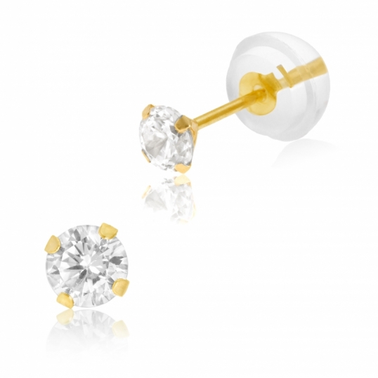 Boucles d'oreilles en or jaune, oxyde de zirconium 3 mm, poussette silicone Boucles d'oreilles en or jaune, oxyde de zirconium 3 mm, poussette silicone