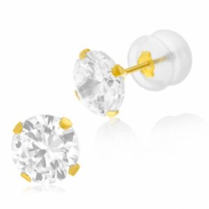 Boucles d'oreilles en or jaune, oxyde de zirconium 7 mm, poussette silicone