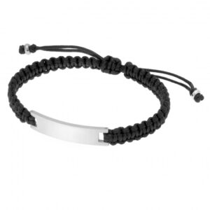 Bracelet cordon noir en acier, plaque rectangle
