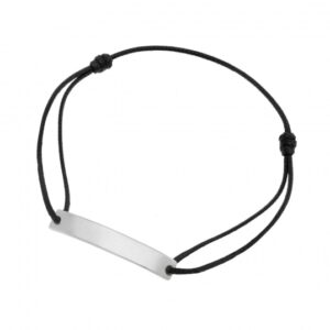Bracelet cordon noir en argent rhodié, plaque rectangle 6 mm
