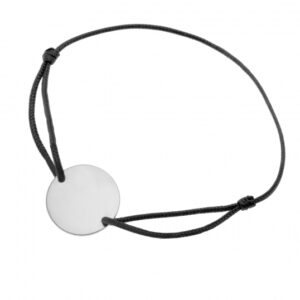 Bracelet cordon noir en argent rhodié, plaque ronde 19.5 mm