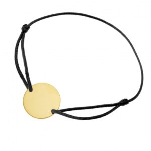 Bracelet cordon noir en plaqué or, plaque ronde 19.5 mm