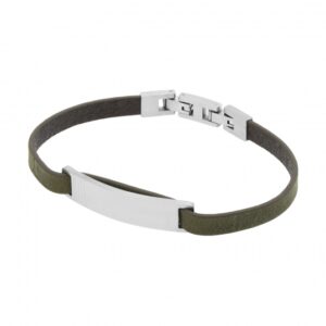 Bracelet cuir kaki en acier, plaque rectangle mate 9 mm