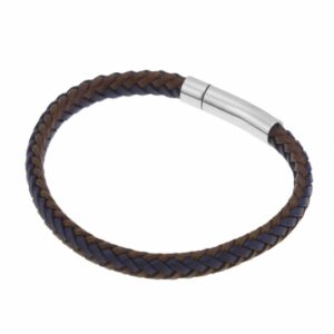 Bracelet en acier, cuir marron et bleu
