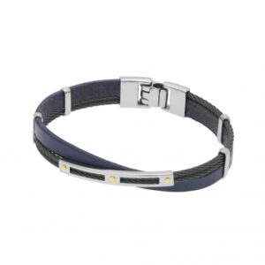Bracelet en or jaune, câble acier et cuir