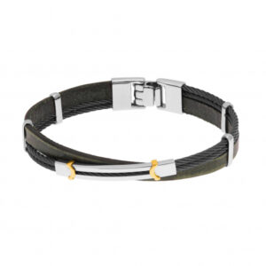 Bracelet en or jaune, câble acier et cuir vieilli
