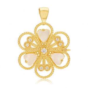 Broche pendentif plaqué or, nacres et oxydes de zirconium