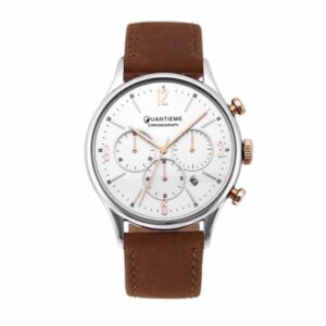 Chronographe homme, boîte acier, bracelet cuir marron et verre minéral