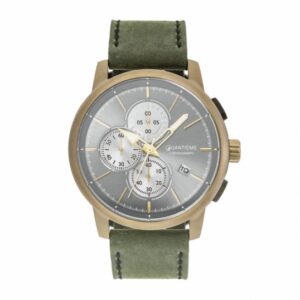 Chronographe homme, boîte acier doré kaki, bracelet cuir et verre minéral