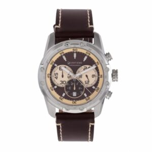 Chronographe homme, boîte en acier, bracelet cuir et verre minéral