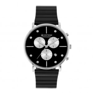 Chronographe homme, boîte en acier, bracelet en acier noir et verre minéral