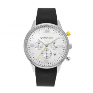 Chronographe homme, boîte en acier, bracelet en silicone noir et verre minéral