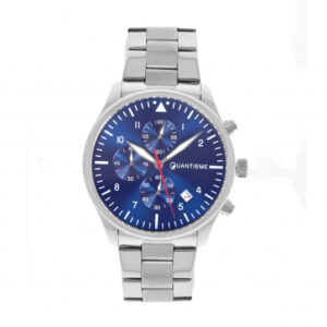 Chronographe homme, boîte et bracelet acier, cadran bleu et verre minéral
