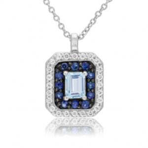 Collier en or gris et rhodié, aigue-marine, saphirs et diamants