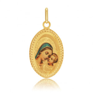 Médaille en or jaune et résine, vierge et enfant
