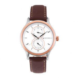 Montre homme, boite acier et acier doré rose, bracelet cuir et verre minéral
