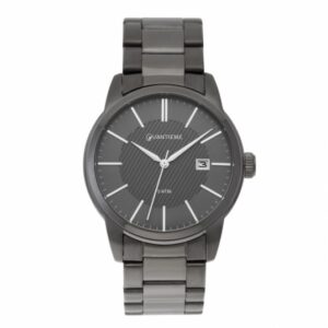 Montre homme, boîte acier gris, bracelet acier gris et verre minéral.