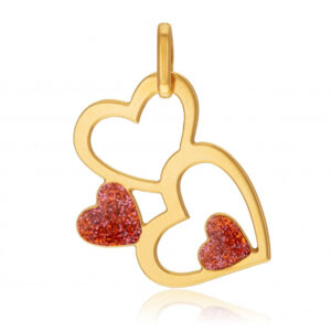Pendentif en or jaune et laque pailletée rouge, coeurs