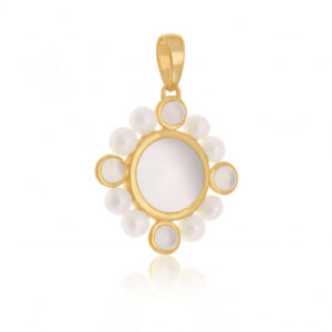 Pendentif en or jaune, perles de culture, calcédoines et cristal de roche