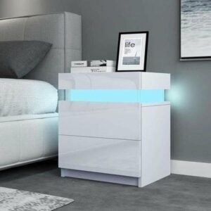 Table de nuit-Table de chevet LED, Table d'appoint Blanche, H 45cm