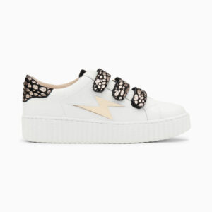 Daisy white and gold storm sneakers with leopard velcro