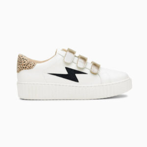 Darine white and cheetah storm sneakers with gold velcro