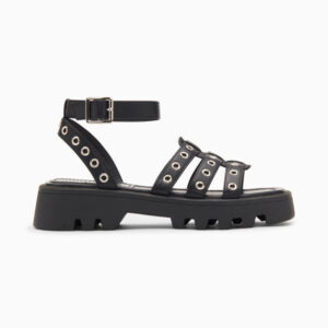 Inaya black sandals with eyelets and notched platform