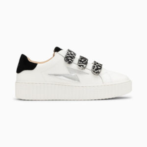 Lyanna white and silver storm sneakers with black leopard velcro