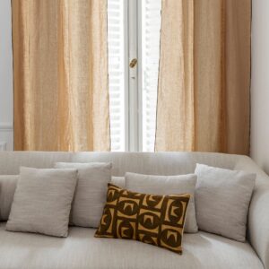 Carlina sand beige and black bourdon stitch black eyelet curtain