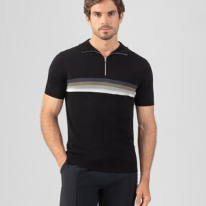 Cotton-Silk Polo w. Chest Stripes: Black