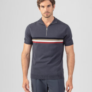 Cotton-Silk Polo w. Chest Stripes: Lava Grey