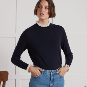 Pull col volanté femme laine mérinos RWS*