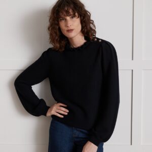 Pull point mousse col volanté femme
