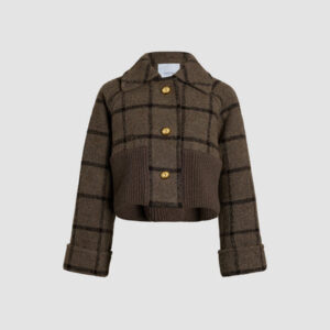 Rib waist cropped coat in recycled wool blend - Gray Checkerboard - 44