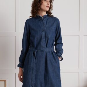 Robe courte col volanté femme en chambray