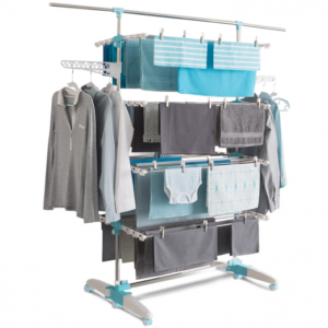 IDMARKET Séchoir à linge blanc/bleu 4 niveaux réglables XXL + barre télescopique