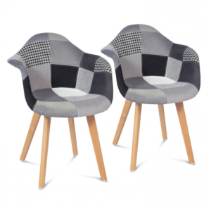 IDMARKET Lot de 2 chaises de salle à manger scandinaves, fauteuils de table SARA motifs patchworks noirs, gris et blancs