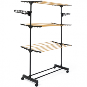 IDMARKET Séchoir à linge inox MAXIMA noir et aspect bois étendoir pliable H.145 CM