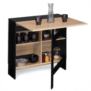 IDMARKET Table console pliable EDI 2-6 personnes avec rangements bois noir plateau fa√ßon hêtre 150 x 80 cm