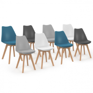 IDMARKET Lot de 8 chaises scandinaves SARA mix color blanc x2, gris clair x2, gris foncé x2, bleu canard x2