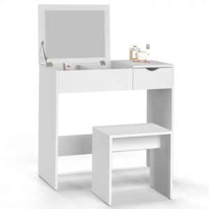 Coiffeuse ZELIA avec miroir rabattable, 2 tiroirs et tabouret – Gain de place et multifonctionnelle