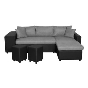 Canapé d’angle réversible OSLO convertible avec coffre et poufs en bi-matière