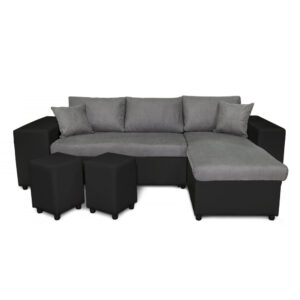 Canapé d’angle réversible MADY convertible avec coffre, accoudoir étagère et poufs en bi-matière