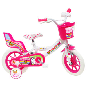 Vélo 12″ Fille LICORNE/UNICORN  pour enfant de 85/100 cm avec stabilisateurs à molettes – Porte poupée – Panier avant – 1 frein